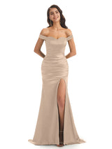 Sexy Soft Satin Off Shoulder Side Slit Long Mermaid Bridesmaid Dresses Online In Stock