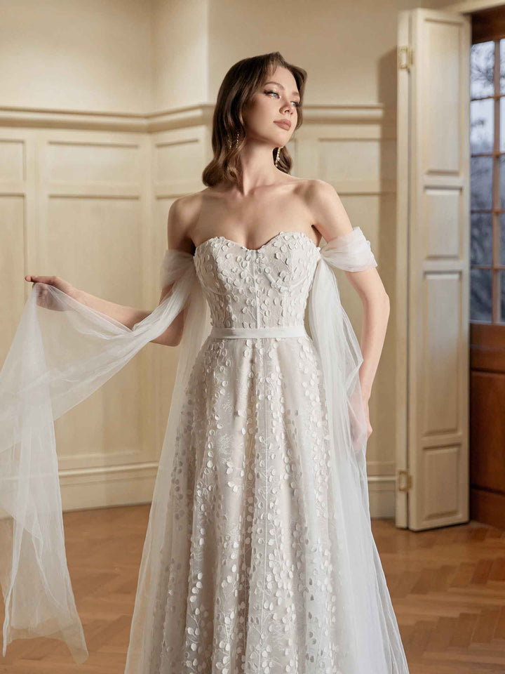 Ivory A-line Off Shoulder Sweetheart Maxi Long Lace Wedding Dresses Online