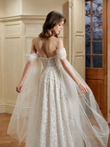 Ivory A-line Off Shoulder Sweetheart Maxi Long Lace Wedding Dresses Online