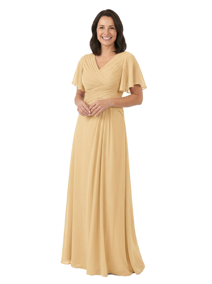 ChicSew V-Neck Short Sleeves Overlay Layered Chiffon Floor-Length Casual Mother of the Bride Dresses
