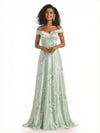 Trendy Off Shoulder A-Line Long Floral Satin Women Formal Evening Dresses