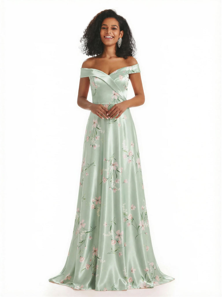 Trendy Off Shoulder A-Line Long Floral Satin Women Formal Evening Dresses