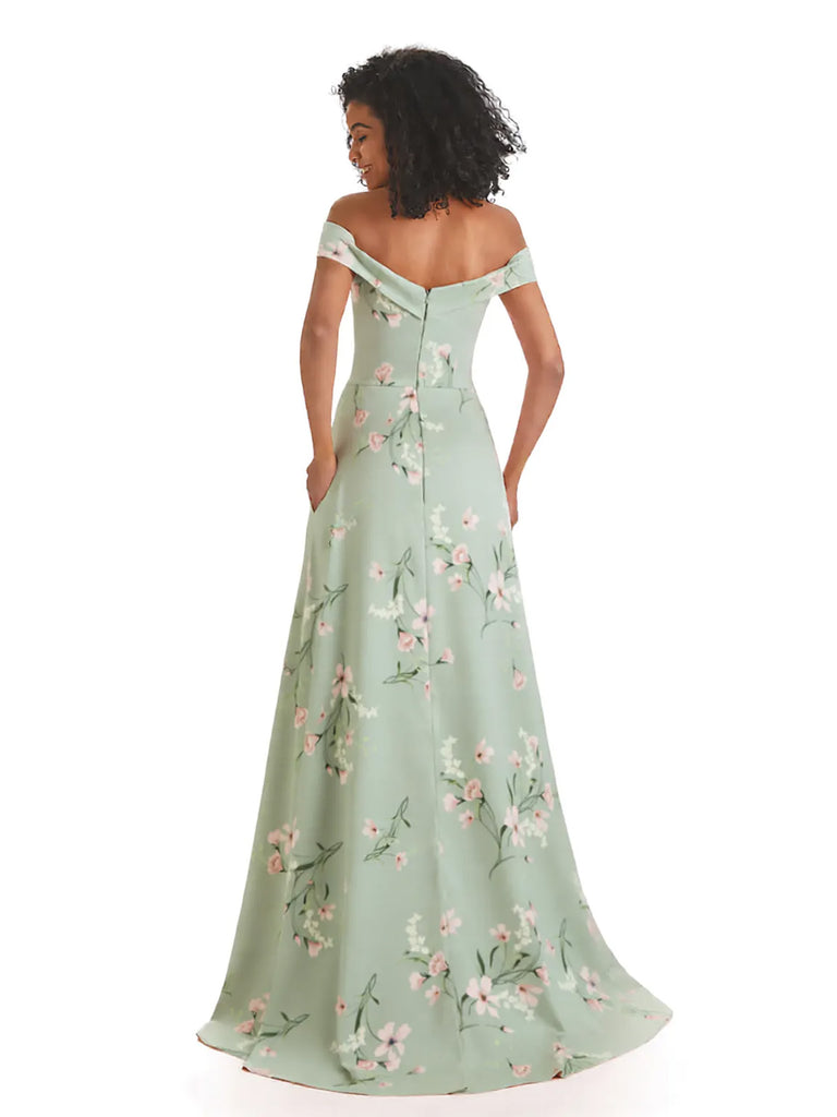Trendy Off Shoulder A-Line Long Floral Satin Women Formal Evening Dresses
