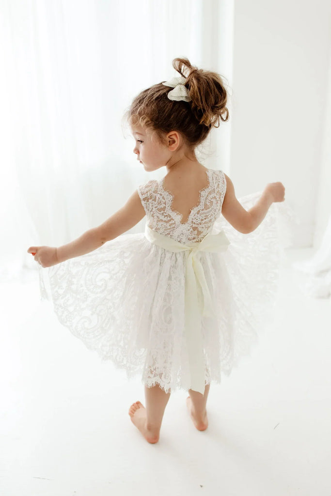 Chic White Ball Gown Flower Girl Dresses Sheer Neck Lace kid wedding dresses Lace Long Sleeve Toddler girls