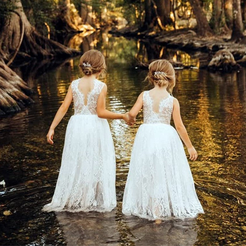Chic White Ball Gown Flower Girl Dresses Sheer Neck Lace kid Lace Long Sleeve Toddler girls