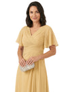 ChicSew V-Neck Short Sleeves Overlay Layered Chiffon Floor-Length Casual Mother of the Bride Dresses