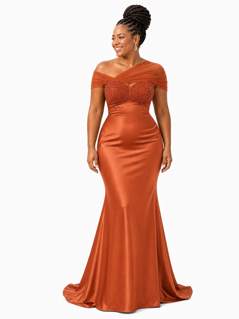 ChicSew Unique Asymmetric Beading Mermaid Soft Satin Floor-Length Bridesmaid Dresses