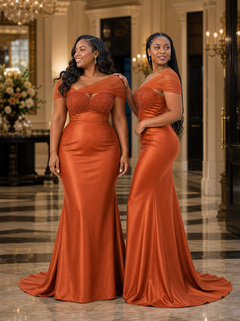ChicSew Unique Asymmetric Beading Mermaid Soft Satin Floor-Length Bridesmaid Dresses