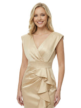 Elegant Mermaid V-neck Floor Length Ruffle Skirt Satin Long Party Prom Dresses Side Slit