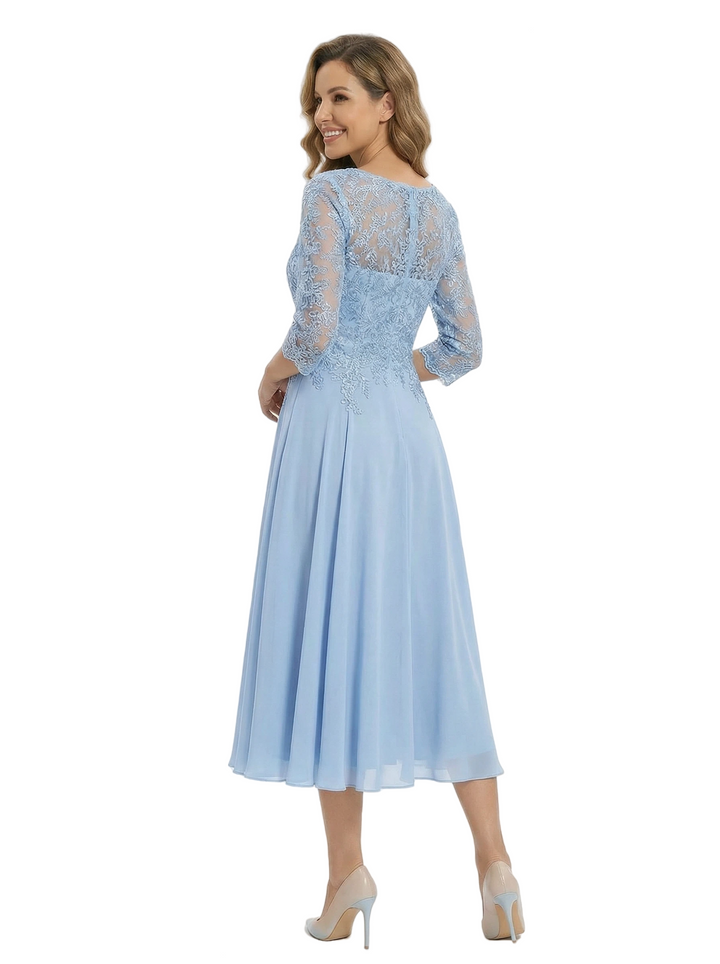 Classy Tea-Length Mother Of The Bride Dress Lace With Long Sleeves Chiffon A-line Gown