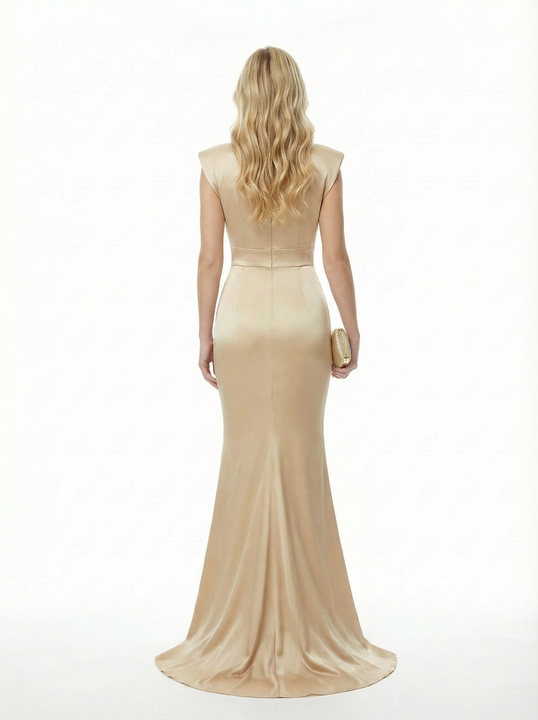 Elegant Mermaid V-neck Floor Length Side Slit Satin Long Party Prom Dresses