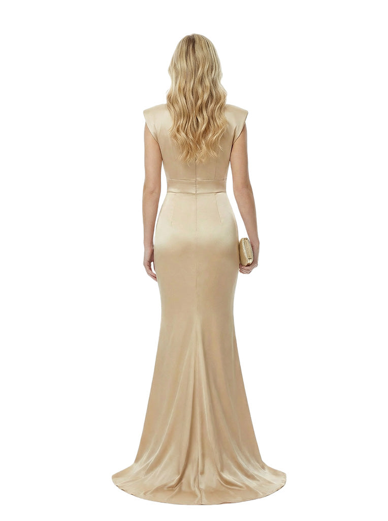 Elegant Mermaid V-neck Floor Length Ruffle Skirt Satin Long Party Prom Dresses Side Slit