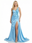 Elegant Mermaid One Shoulder Floor Length Side Slit Satin Long Party Prom Dresses
