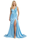 Elegant Mermaid One Shoulder Beaded Side Slit Satin Long Party Prom Dresses