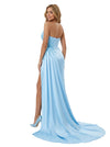 Elegant Mermaid One Shoulder Beaded Side Slit Satin Long Party Prom Dresses