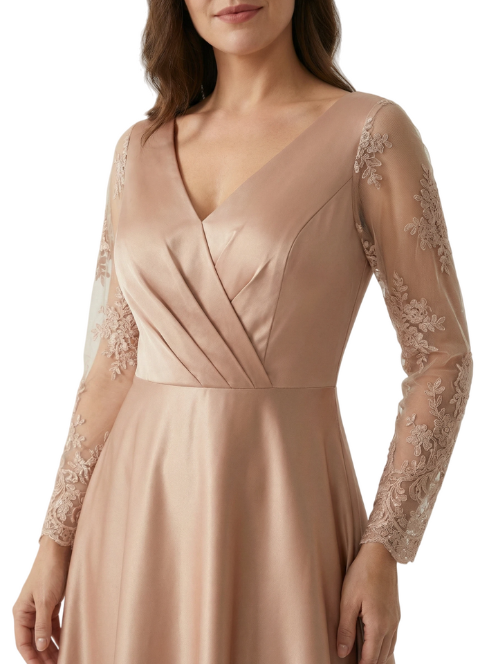 Elegant Lace Appliques Long Sleeves V-Neck A-Line Mother of the Groom Dresses