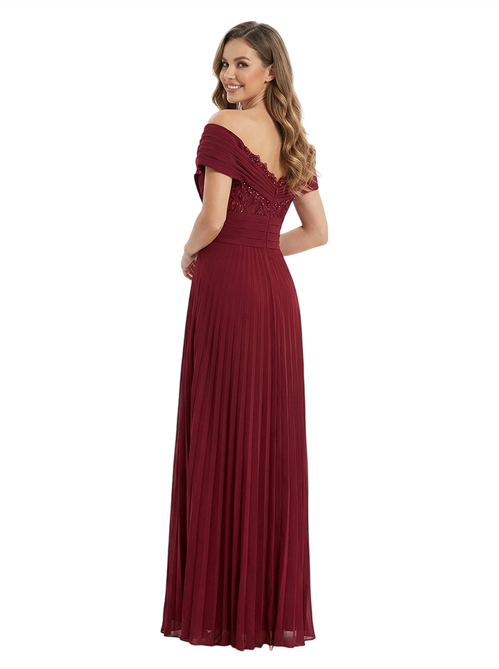 Elegant Off Shoulder A-line Pleated Chiffon Floor Length Long Party Prom Dresses