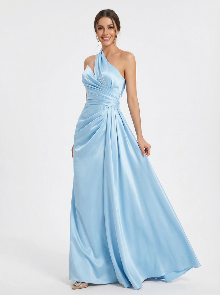 Elegant One Shoulder A-line Satin Floor Length Long Party Prom Dresses