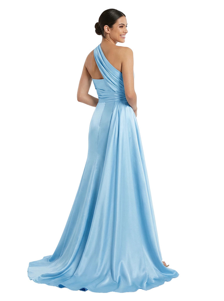 Elegant One Shoulder A-line Satin Floor Length Long Party Prom Dresses