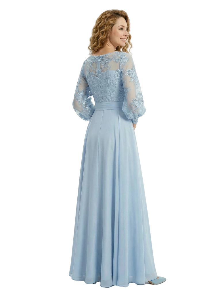 Beautiful Illusion Lace Applique Mother Of The Bride Gown A-Line Long Sleeves Chiffon Maxi Dress