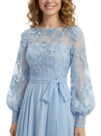 Beautiful Illusion Lace Applique Mother Of The Bride Gown A-Line Long Sleeves Chiffon Maxi Dress