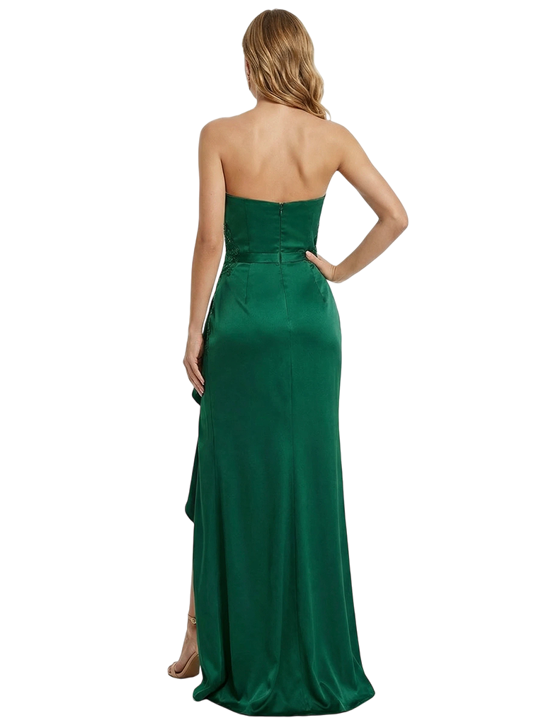 Elegant Strapless Mermaid Satin Side Slit Ruffle Skirt Long Party Prom Dresses