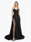 Sexy V-neck A-line Beading Satin Side Slit Long Party Prom Dresses