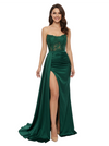 Sexy Scoop Neck Mermaid Lace Beaded Satin Side Slit Long Party Prom Dresses