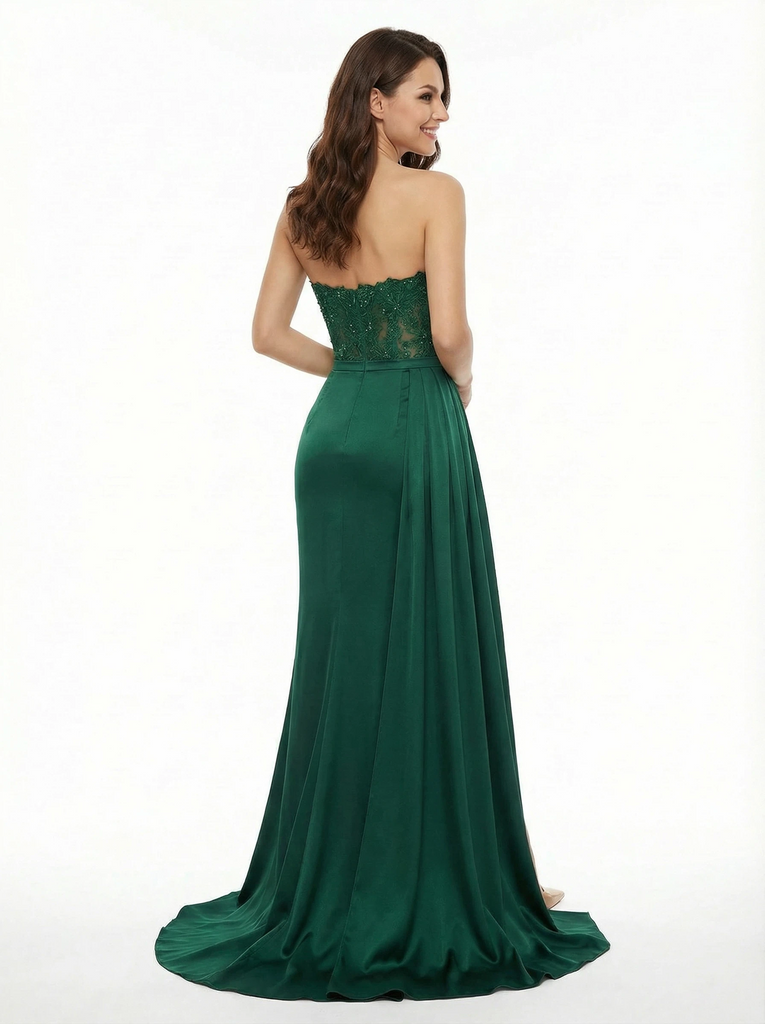 Sexy Scoop Neck Mermaid Lace Beaded Satin Side Slit Long Party Prom Dresses