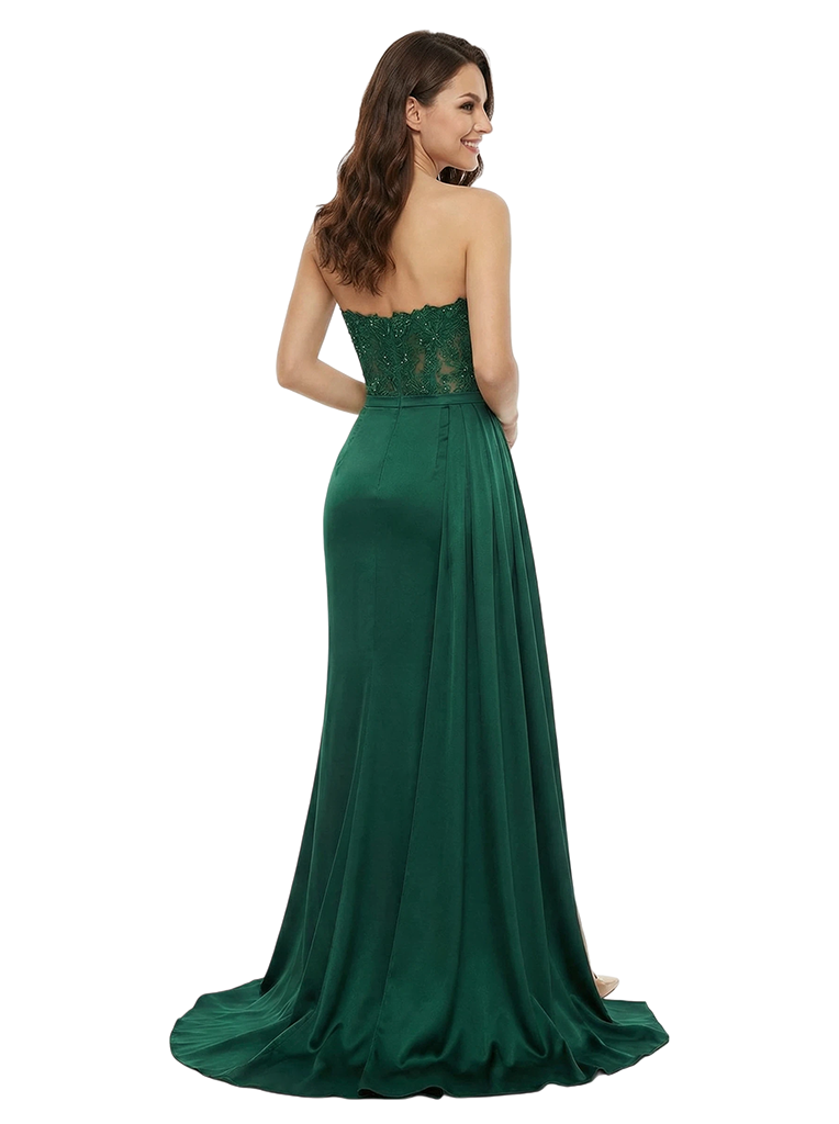 Sexy Scoop Neck Mermaid Lace Beaded Satin Side Slit Long Party Prom Dresses