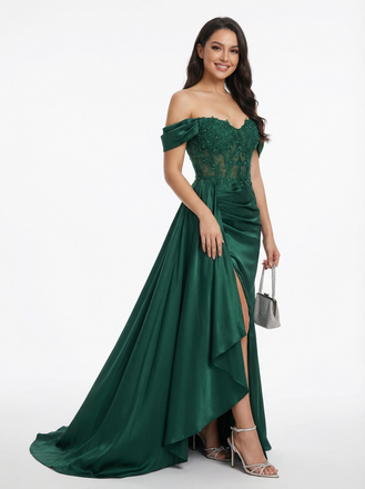 Sexy Off Shoulder Mermaid Lace Beaded Satin Side Slit Long Party Prom Dresses