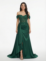 Sexy Off Shoulder Mermaid Lace Beaded Satin Side Slit Long Party Prom Dresses