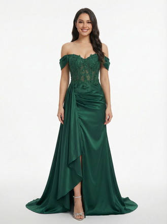 Sexy Off Shoulder Mermaid Lace Beaded Satin Side Slit Long Party Prom Dresses