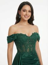 Sexy Off Shoulder Mermaid Lace Beaded Satin Side Slit Long Party Prom Dresses