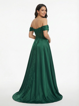 Sexy Off Shoulder Mermaid Lace Beaded Satin Side Slit Long Party Prom Dresses
