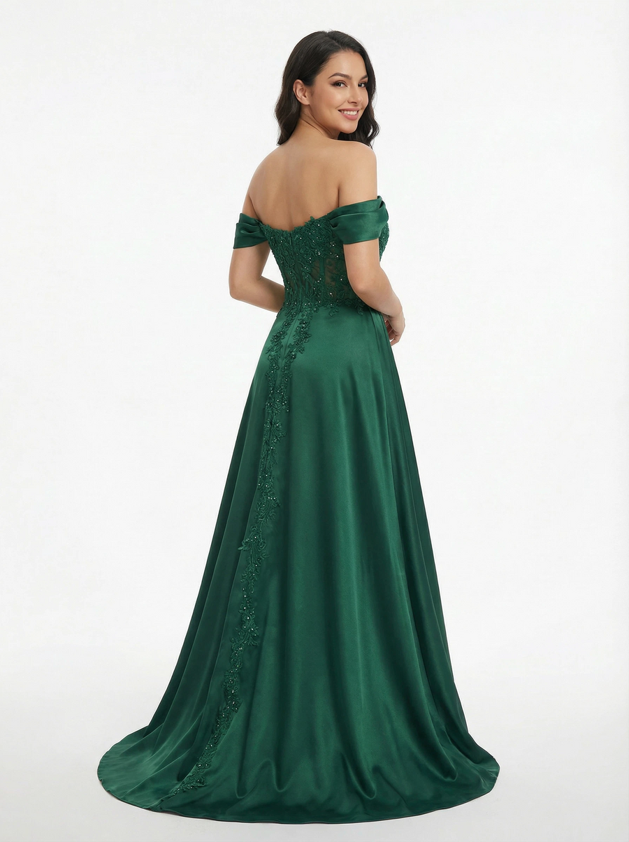 Sexy Off Shoulder Mermaid Lace Beaded Satin Side Slit Long Party Prom Dresses