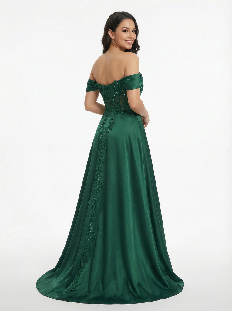 Sexy Off Shoulder Mermaid Lace Beaded Satin Side Slit Long Party Prom Dresses