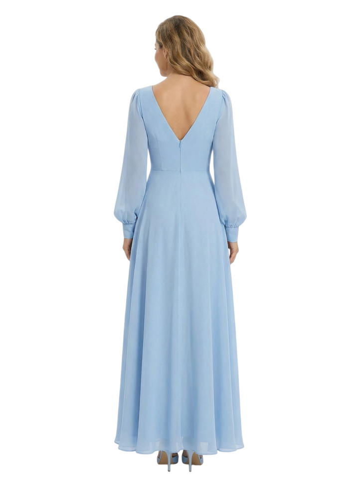 Long Sleeve Chiffon Mother of the Bride Dresses V-Neck Ruched A-Line Floor Length Formal