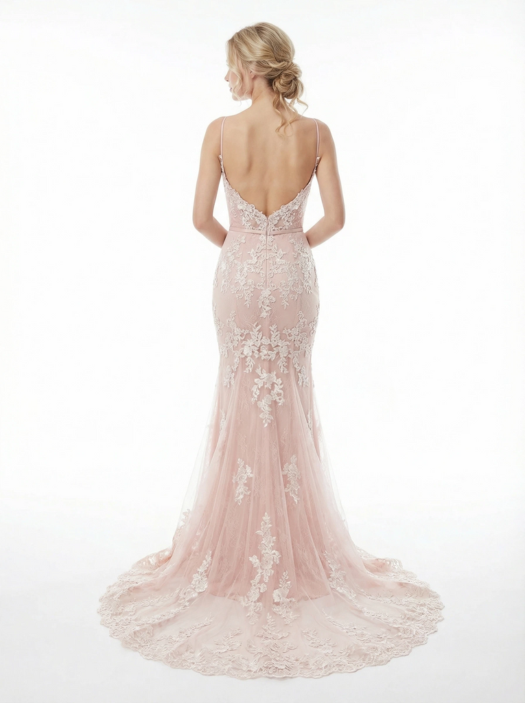 Sexy Spaghetti Sraps V-neck Lace Mermaid Long Party Prom Dresses