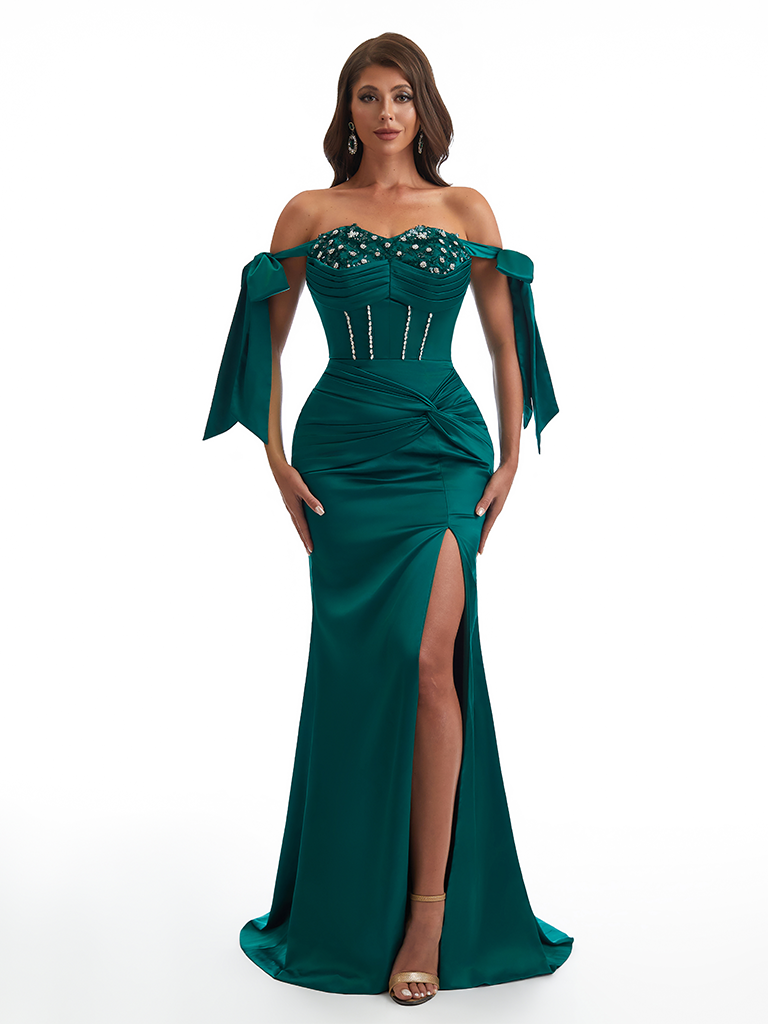 Sexy Off The Shoulder Beaded Lace Mermaid Side Slit Soft Satin Unique Long Bridesmaid Dresses Online