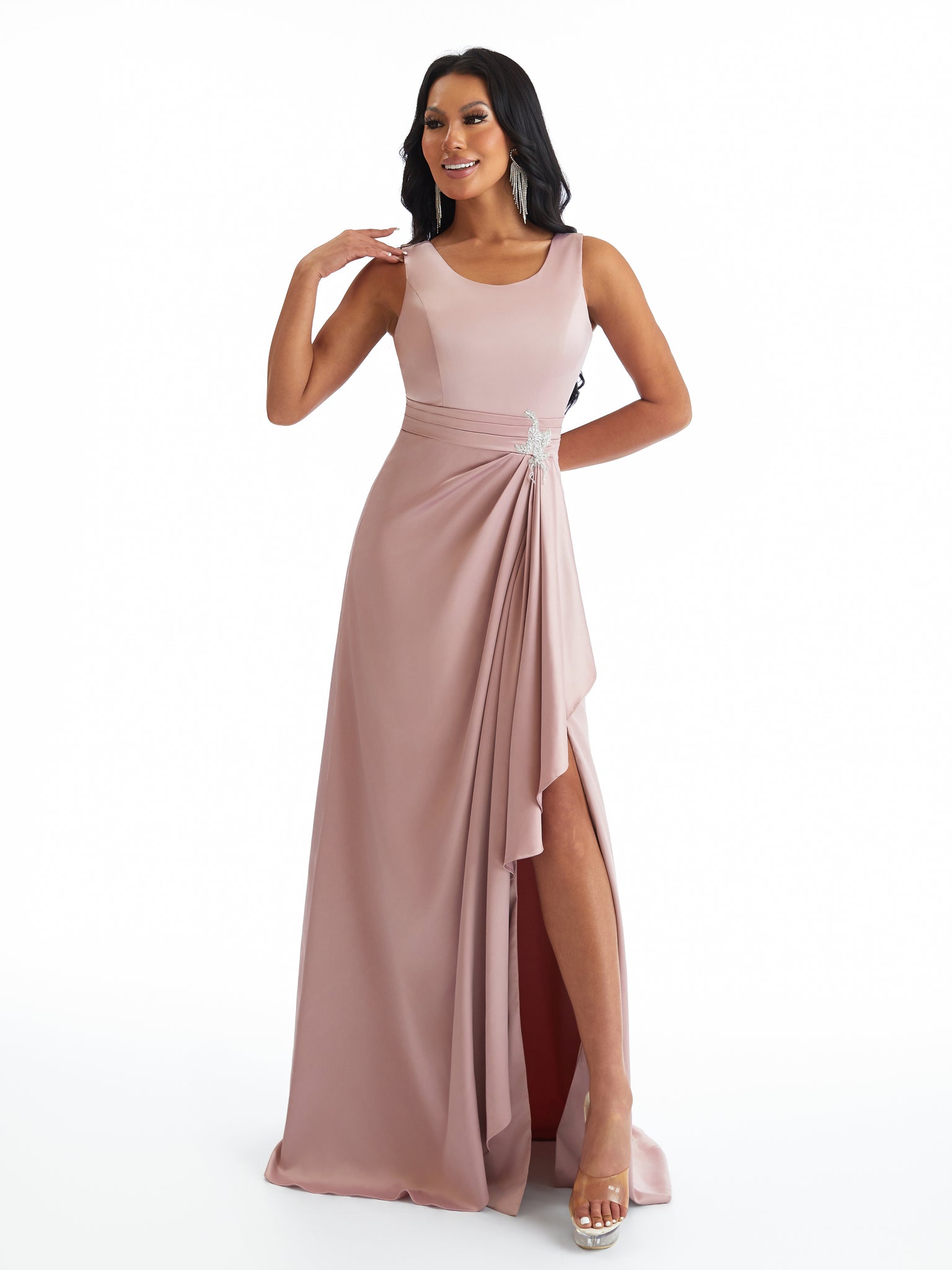 Elegant Scoop Side Slit Lace Applique A-Line Pleated Satin Pretty Long Bridesmaid Dresses
