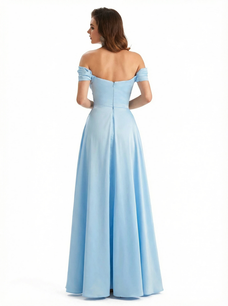 Sexy Off Shoulder Ruched Satin Ruffle A-Line Silky Satin Long Formal Dresses