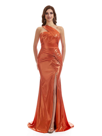 Elegant Mermaid One Shoulder Metallic Stretch Shiny Fabric Long Bridesmaid Dresses Online