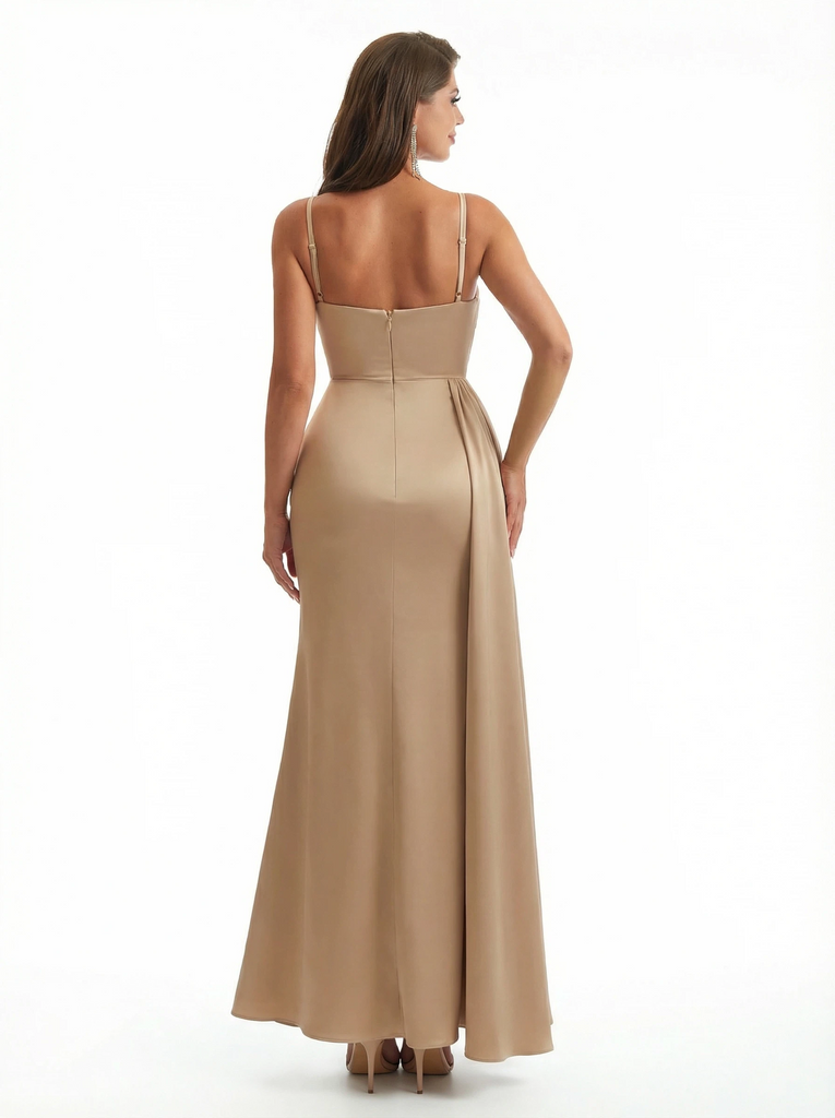 Elegant Mermaid Ruched Satin Long Formal Evening Dresses Spaghetti Straps Side Slit