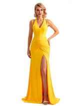 Sexy Side Slit Mermaid V-neck Stretchy Jersey Long Formal Bridesmaid Dresses