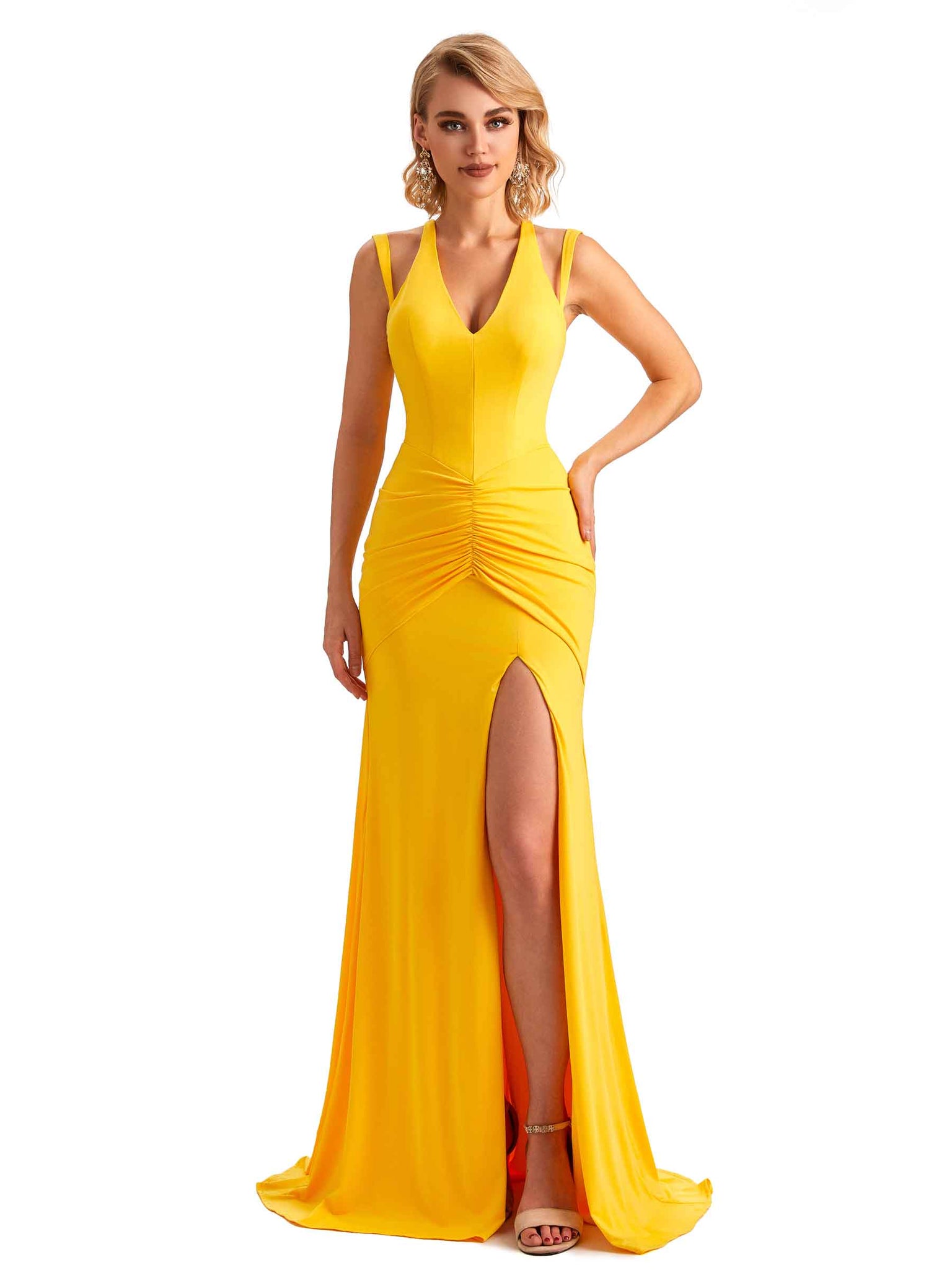 Sexy Side Slit Mermaid V-neck Stretchy Jersey Long Formal Bridesmaid Dresses