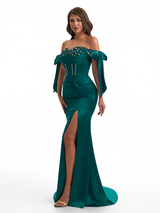 Sexy Off The Shoulder Beaded Lace Mermaid Side Slit Soft Satin Unique Long Bridesmaid Dresses Online