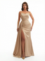 Elegant Mermaid Ruched Satin Long Formal Evening Dresses Spaghetti Straps Side Slit