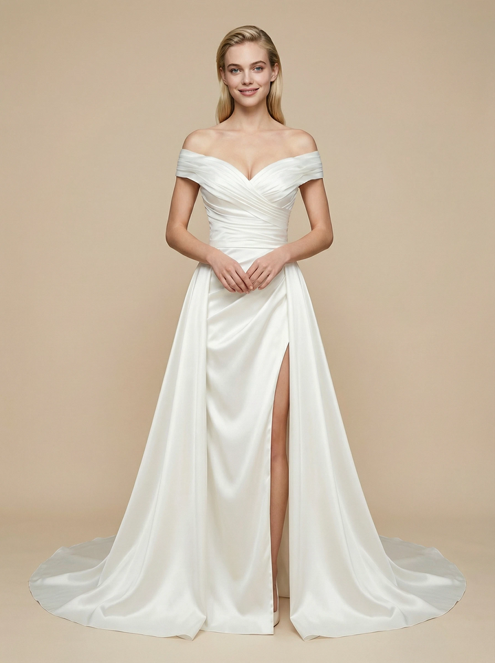 Mermaid Off Shoulder Side Slit Maxi Long Satin Wedding Dresses With Detachable Skirt