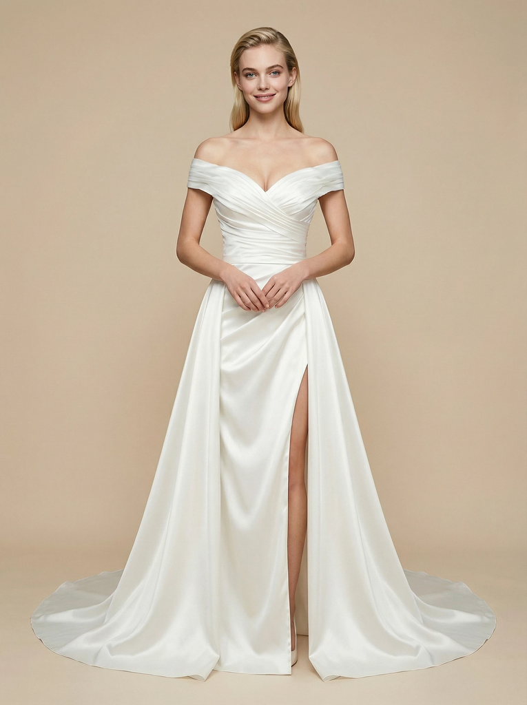 Mermaid Off Shoulder Side Slit Maxi Long Satin Wedding Dresses Online